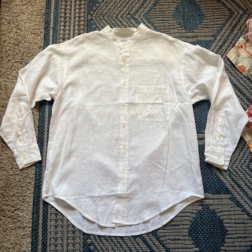Minimalist capsule 100% linen button up preppy classic J. Edwards size S coastal
